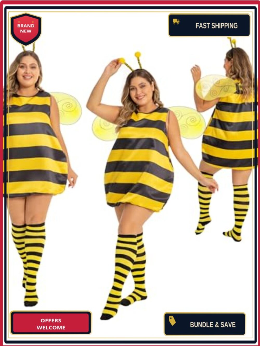 Plus Size Bee Costume Set with Wings Headband Socks Halloween